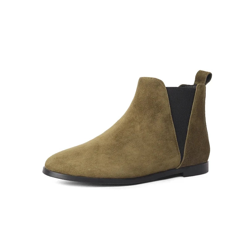 Women's genuine leather sheep suede round toe and calf low heel elastic plus