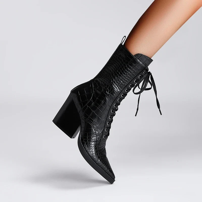 Women's lace up pointed autumn and winter snake patterned high heels