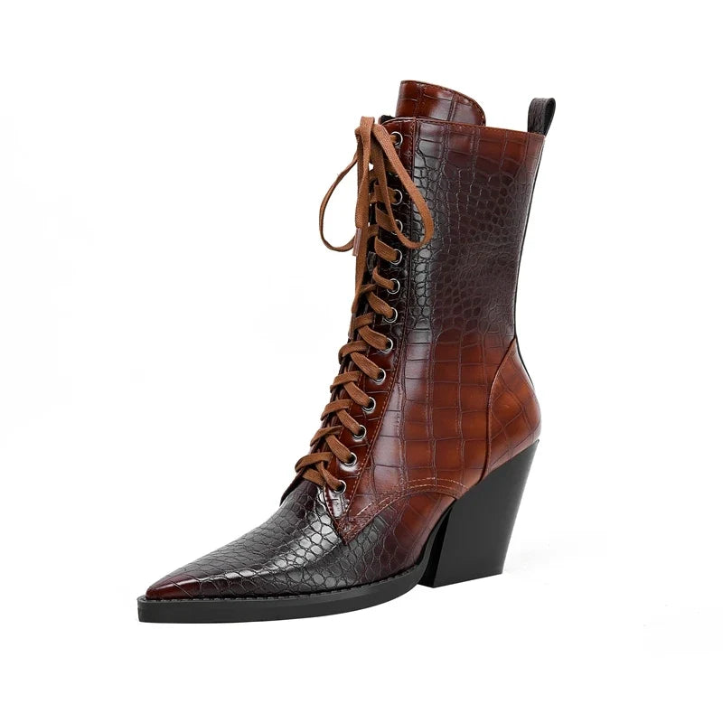 Women's lace up pointed autumn and winter snake patterned high heels