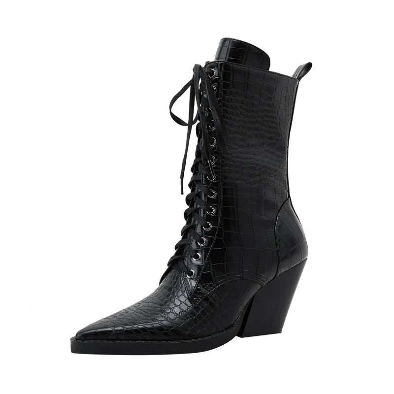 Women's lace up pointed autumn and winter snake patterned high heels