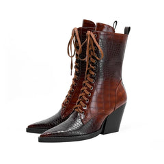 Women's lace up pointed autumn and winter snake patterned high heels