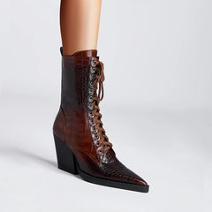 Women's lace up pointed autumn and winter snake patterned high heels