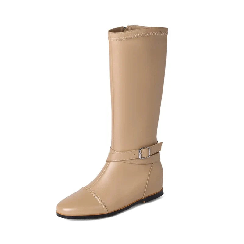 Women's leather and cowhide round head side zipper knee length high rise mid heel plus