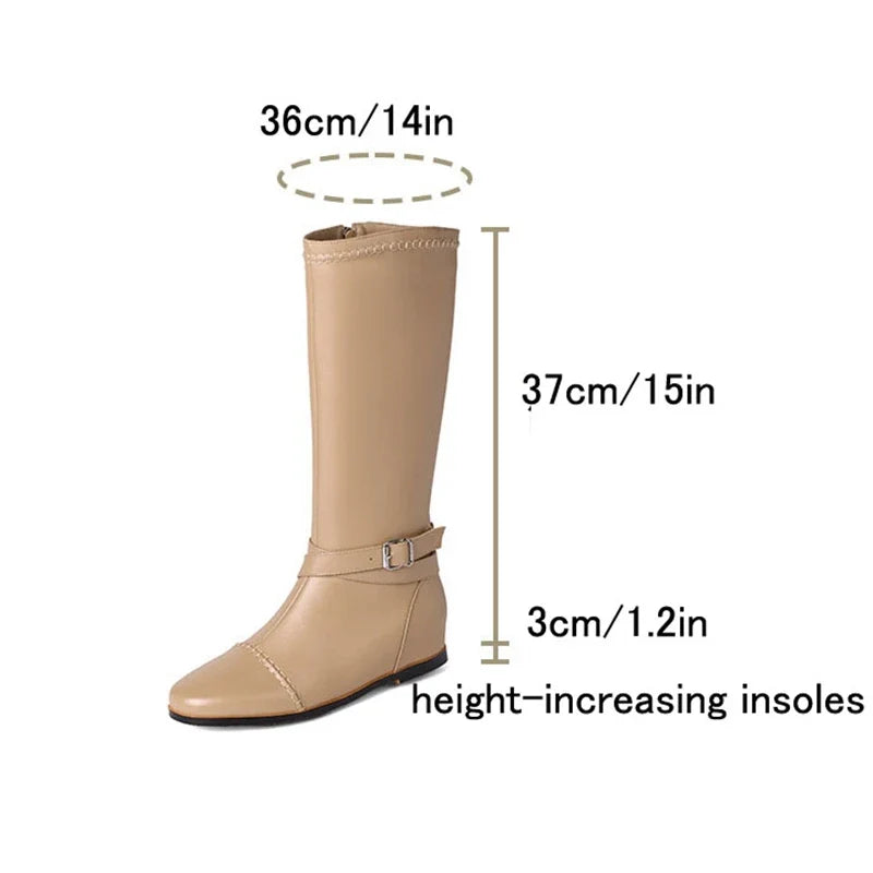 Women's leather and cowhide round head side zipper knee length high rise mid heel plus
