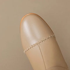 Women's leather and cowhide round head side zipper knee length high rise mid heel plus