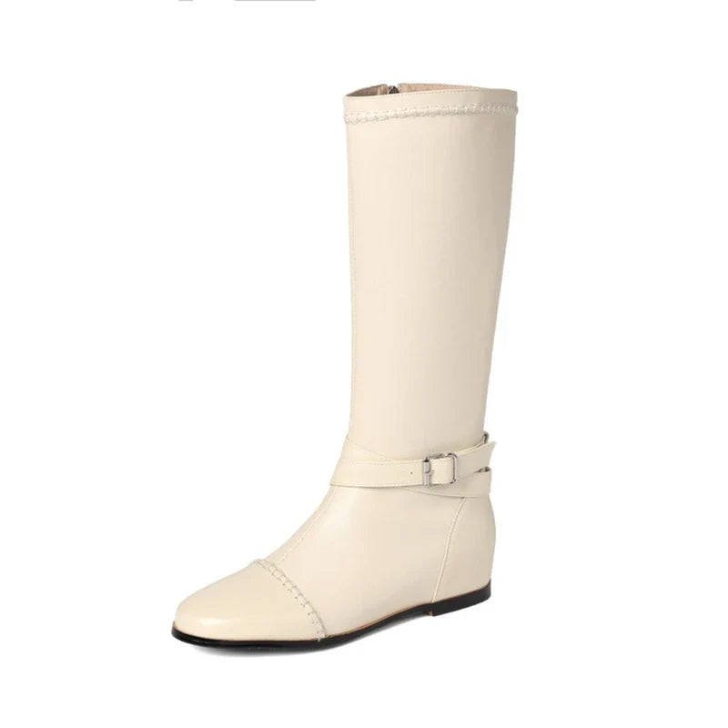 Women's leather and cowhide round head side zipper knee length high rise mid heel plus