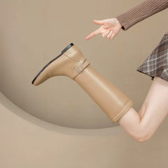 Women's leather and cowhide round head side zipper knee length high rise mid heel plus