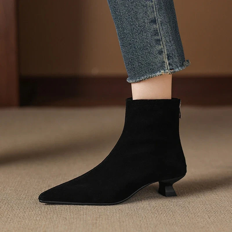 Women's leather cow reverse handmade pointed zipper mid heel plus