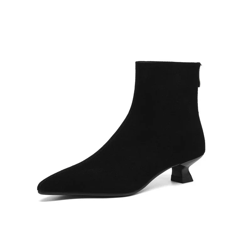 Women's leather cow reverse handmade pointed zipper mid heel plus