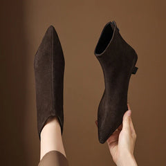 Women's leather cow reverse handmade pointed zipper mid heel plus