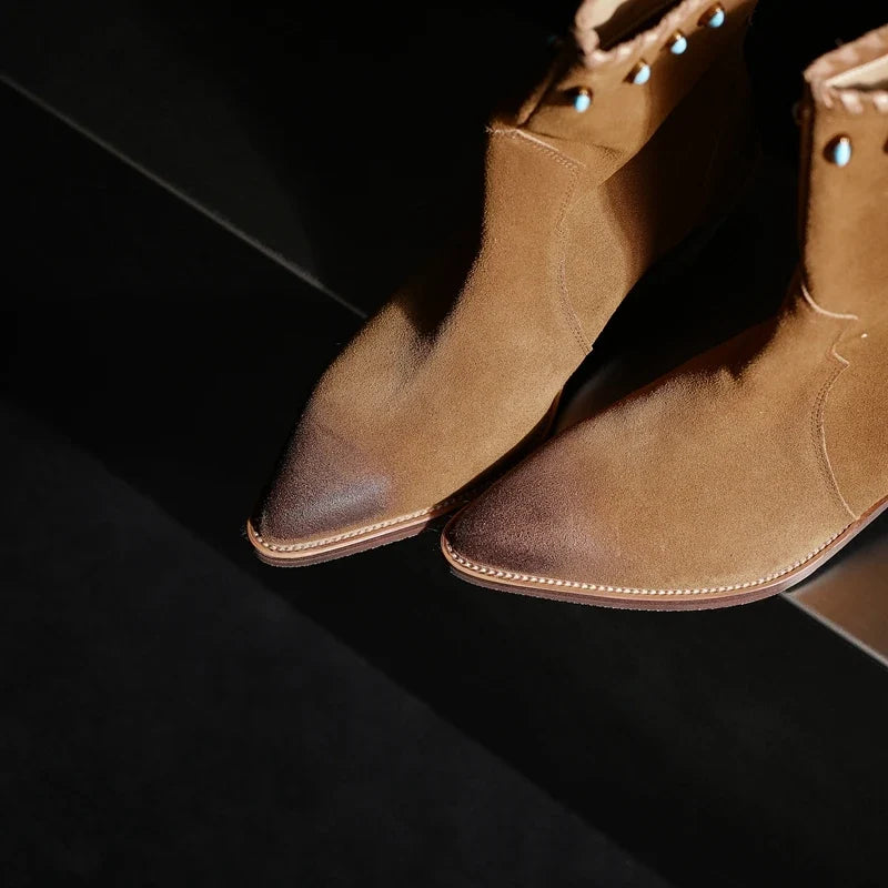 Women's leather cow suede cat eye stone pointed toe and calf high-heeled retro motorcycle short Boots