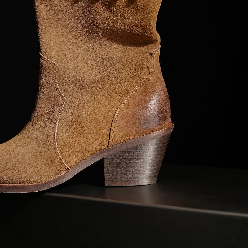 Women's leather cow suede cat eye stone pointed toe and calf high-heeled retro motorcycle short Boots