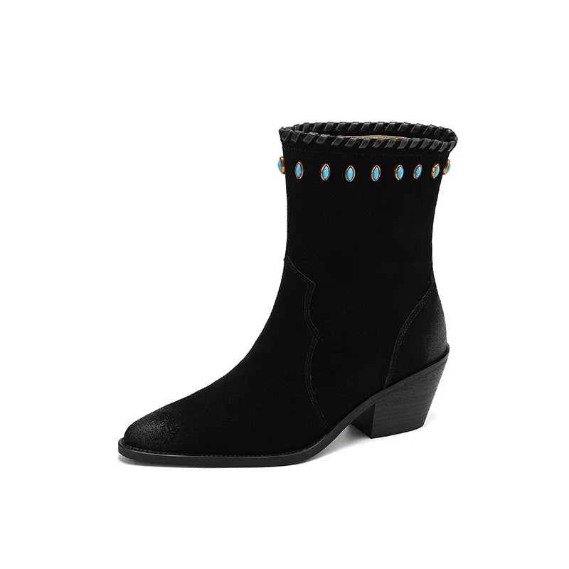 Women's leather cow suede cat eye stone pointed toe and calf high-heeled retro motorcycle short Boots