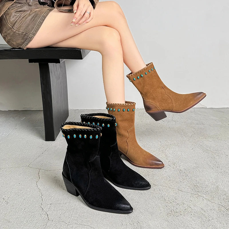Women's leather cow suede cat eye stone pointed toe and calf high-heeled retro motorcycle short Boots