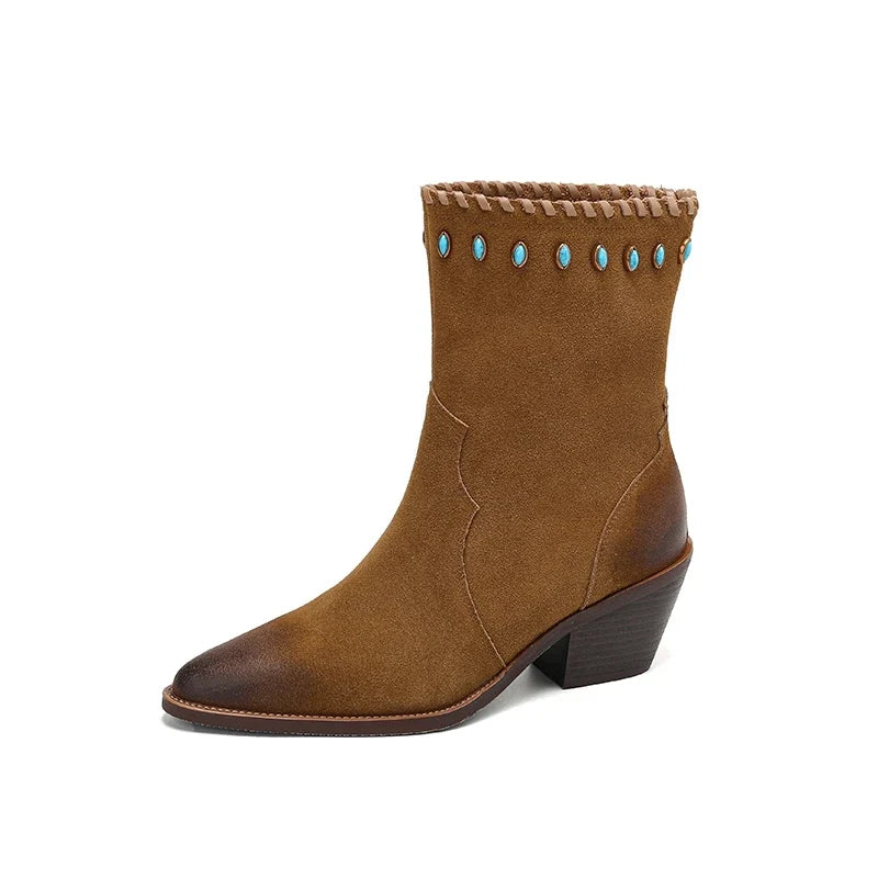 Women's leather cow suede cat eye stone pointed toe and calf high-heeled retro motorcycle short Boots