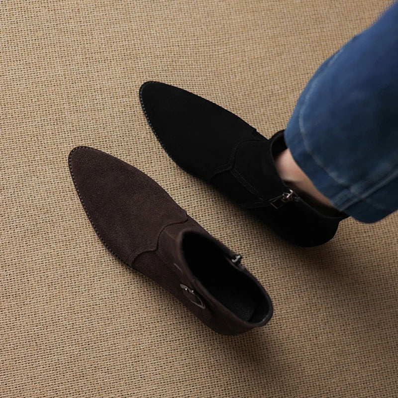Women's leather cow suede handmade pointed metal belt buckle