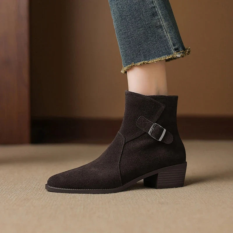 Women's leather cow suede handmade pointed metal belt buckle