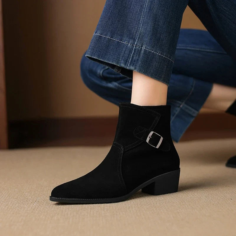 Women's leather cow suede handmade pointed metal belt buckle