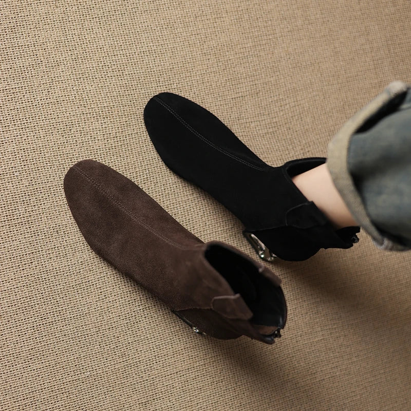 Women's leather cow suede rhinestone mid heel plus retro and calf zipper Chelsea short Boots