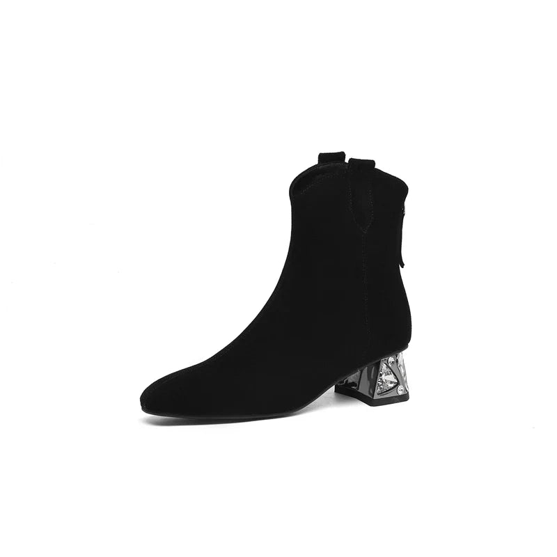 Women's leather cow suede rhinestone mid heel plus retro and calf zipper Chelsea short Boots