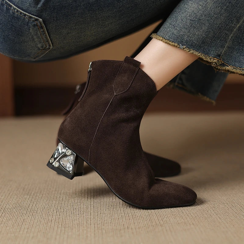 Women's leather cow suede rhinestone mid heel plus retro and calf zipper Chelsea short Boots