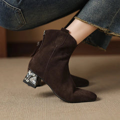 Women's leather cow suede rhinestone mid heel plus retro and calf zipper Chelsea short Boots
