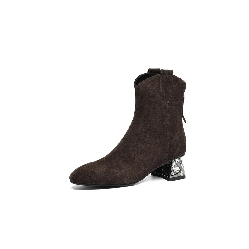 Women's leather cow suede rhinestone mid heel plus retro and calf zipper Chelsea short Boots