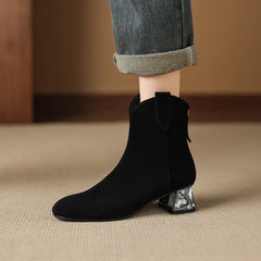 Women's leather cow suede rhinestone mid heel plus retro and calf zipper Chelsea short Boots