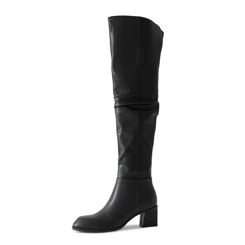 Women's leather cowhide autumn and winter round toe high-heeled side zipper knee high Boots
