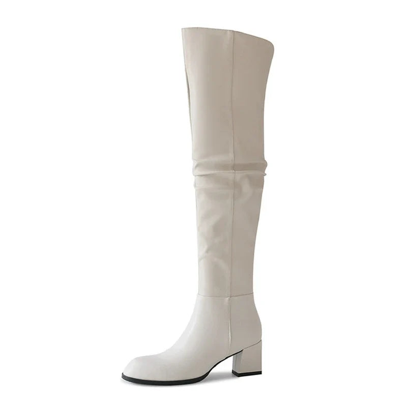 Women's leather cowhide autumn and winter round toe high-heeled side zipper knee high Boots