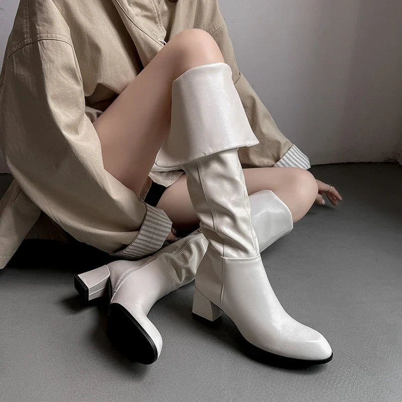 Women's leather cowhide autumn and winter round toe high-heeled side zipper knee high Boots