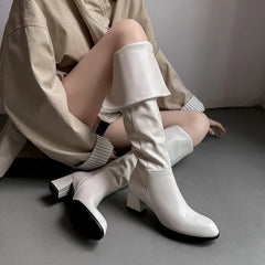 Women's leather cowhide autumn and winter round toe high-heeled side zipper knee high Boots