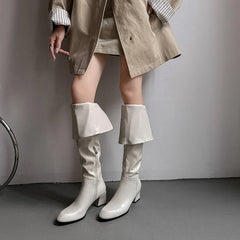 Women's leather cowhide autumn and winter round toe high-heeled side zipper knee high Boots