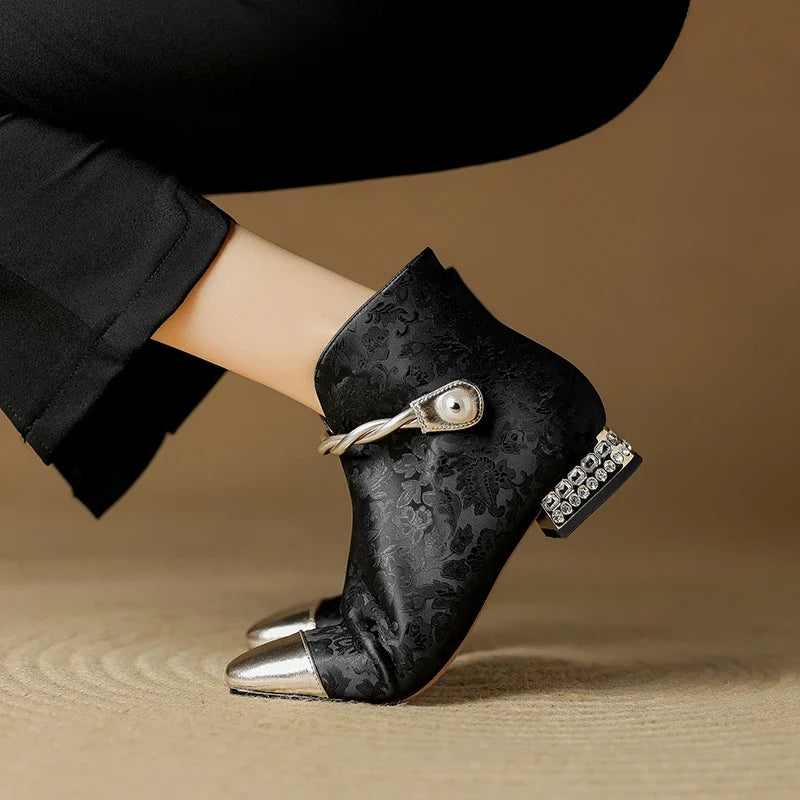 Women's leather cowhide pearl belt buckle color blocked rhinestone low heel square toe Chelsea short Boots