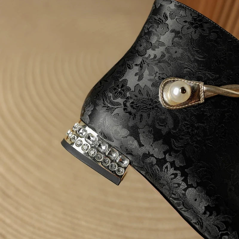 Women's leather cowhide pearl belt buckle color blocked rhinestone low heel square toe Chelsea short Boots