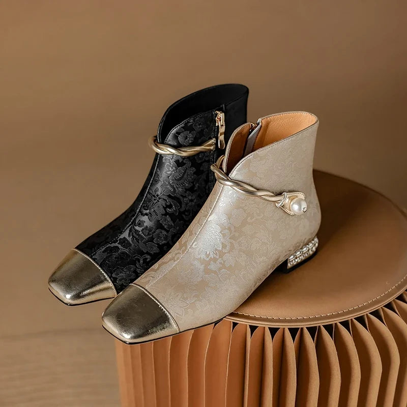 Women's leather cowhide pearl belt buckle color blocked rhinestone low heel square toe Chelsea short Boots