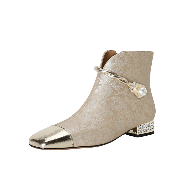Women's leather cowhide pearl belt buckle color blocked rhinestone low heel square toe Chelsea short Boots
