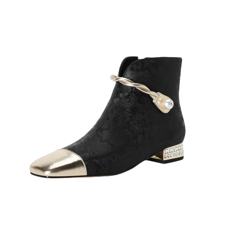 Women's leather cowhide pearl belt buckle color blocked rhinestone low heel square toe Chelsea short Boots
