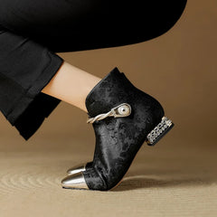 Women's leather cowhide pearl belt buckle color blocked rhinestone low heel square toe Chelsea short Boots
