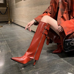 Women's leather cowhide pointed high-heeled metal belt buckle zipper and knee high Boots