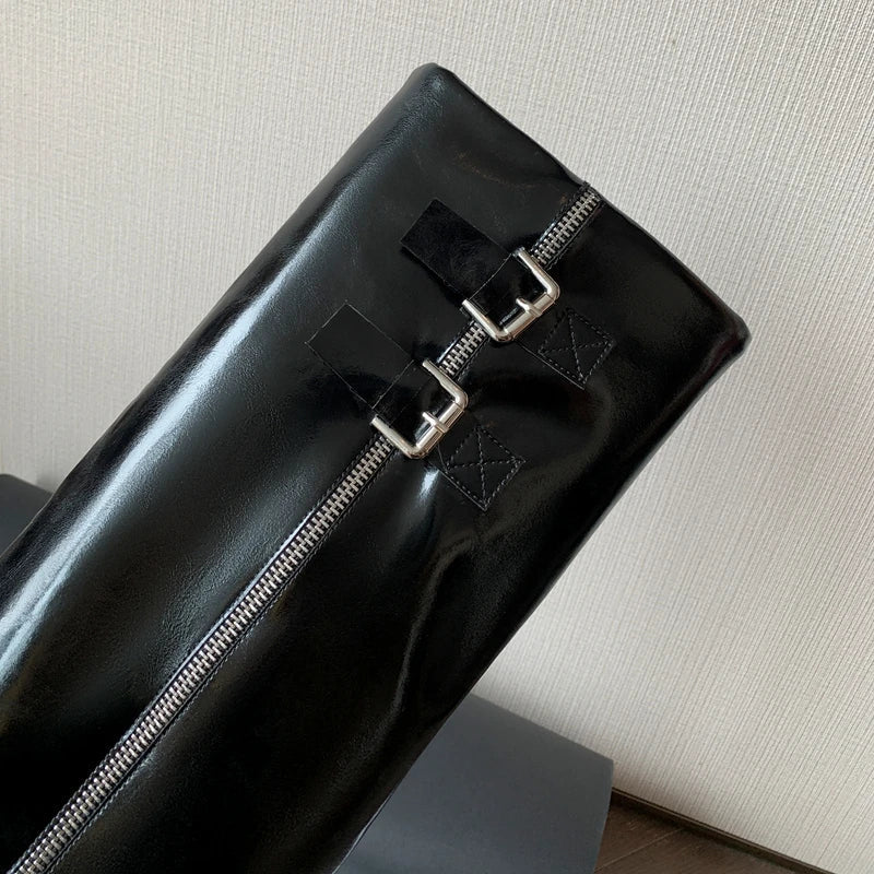 Women's leather cowhide pointed high-heeled metal belt buckle zipper and knee high Boots