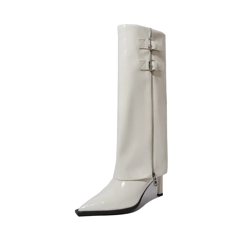 Women's leather cowhide pointed high-heeled metal belt buckle zipper and knee high Boots
