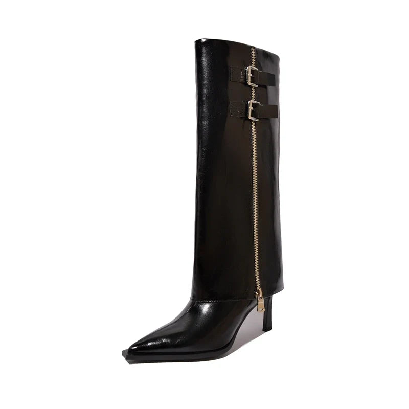 Women's leather cowhide pointed high-heeled metal belt buckle zipper and knee high Boots