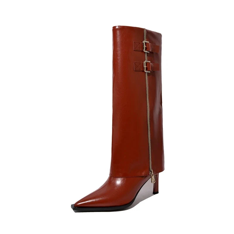 Women's leather cowhide pointed high-heeled metal belt buckle zipper and knee high Boots