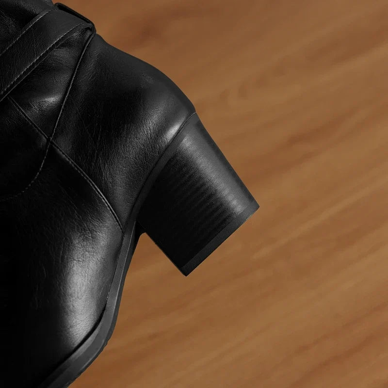 Women's leather cowhide pointed toe and knee metal buckle high heels retro motorcycle high Boots