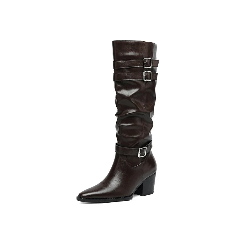 Women's leather cowhide pointed toe and knee metal buckle high heels retro motorcycle high Boots