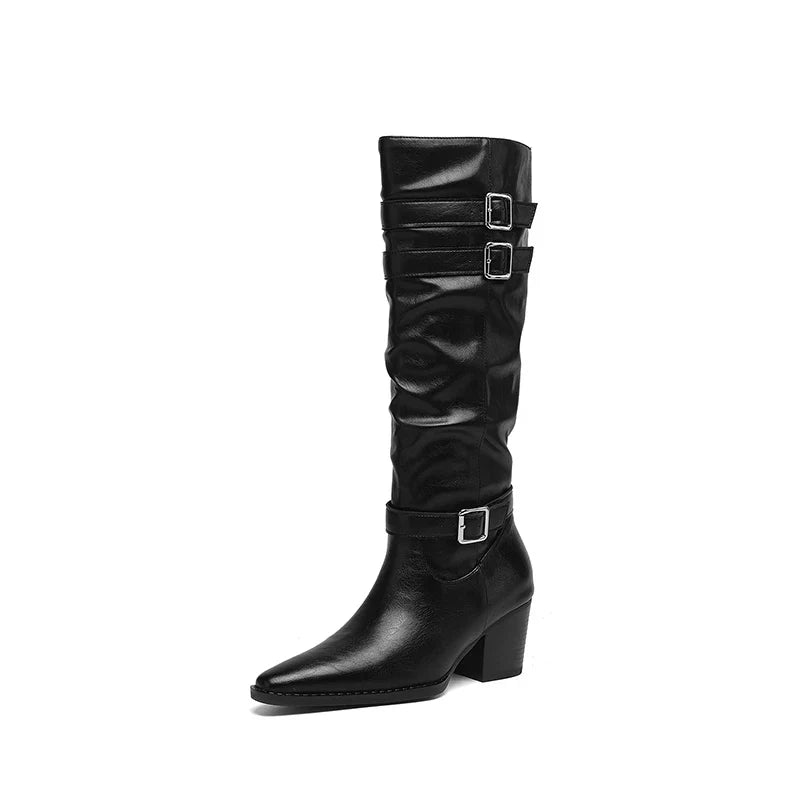 Women's leather cowhide pointed toe and knee metal buckle high heels retro motorcycle high Boots