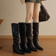 Women's leather cowhide pointed toe and knee metal buckle high heels retro motorcycle high Boots