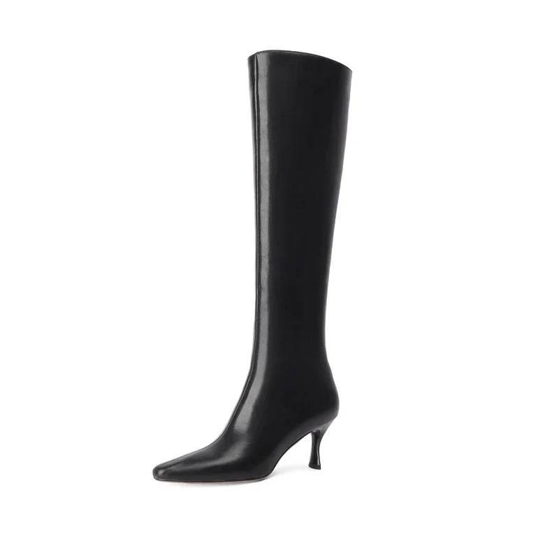 Women's leather cowhide pointed toe and knee side zipper high-heeled plus
