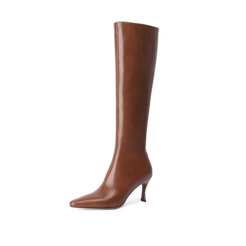 Women's leather cowhide pointed toe and knee side zipper high-heeled plus
